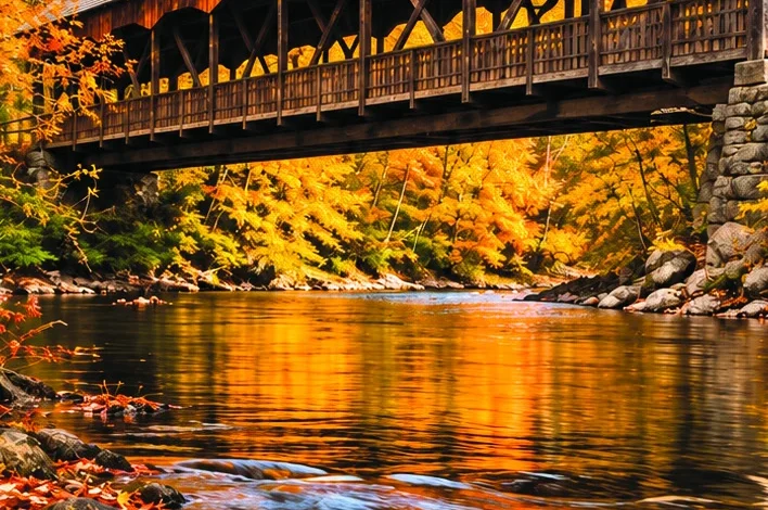 Autumn covered-bridge scene from the GoMohican brand guide