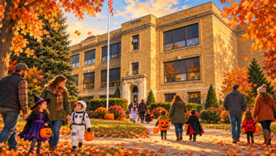 Illustration of families in Halloween costumes outside C.E. Budd School in Loudonville, Ohio.