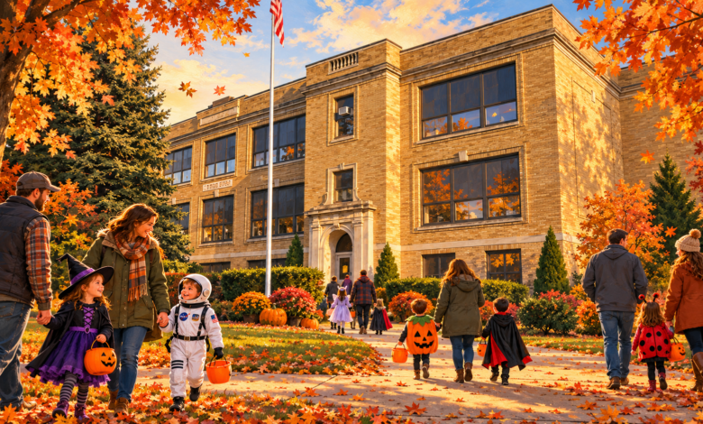 Illustration of families in Halloween costumes outside C.E. Budd School in Loudonville, Ohio.